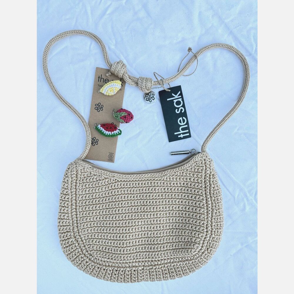 The Sak Josie Yarni Charm Crochet Shoulder Bag Fruit Charms NWT Neutral Beige
